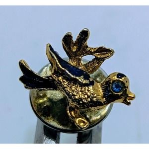 Vintage MCM Gold Tone Blue Rhinestone Bird Pin Brooch